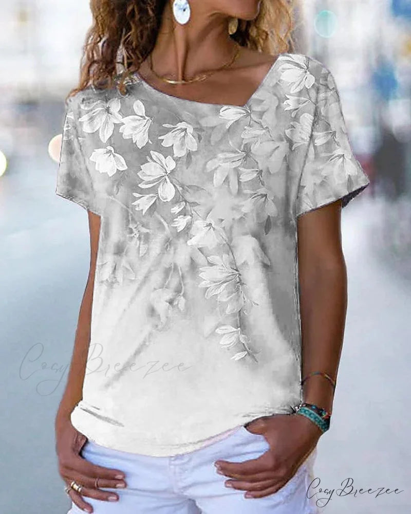 V-neck Design Flowered T-shirt