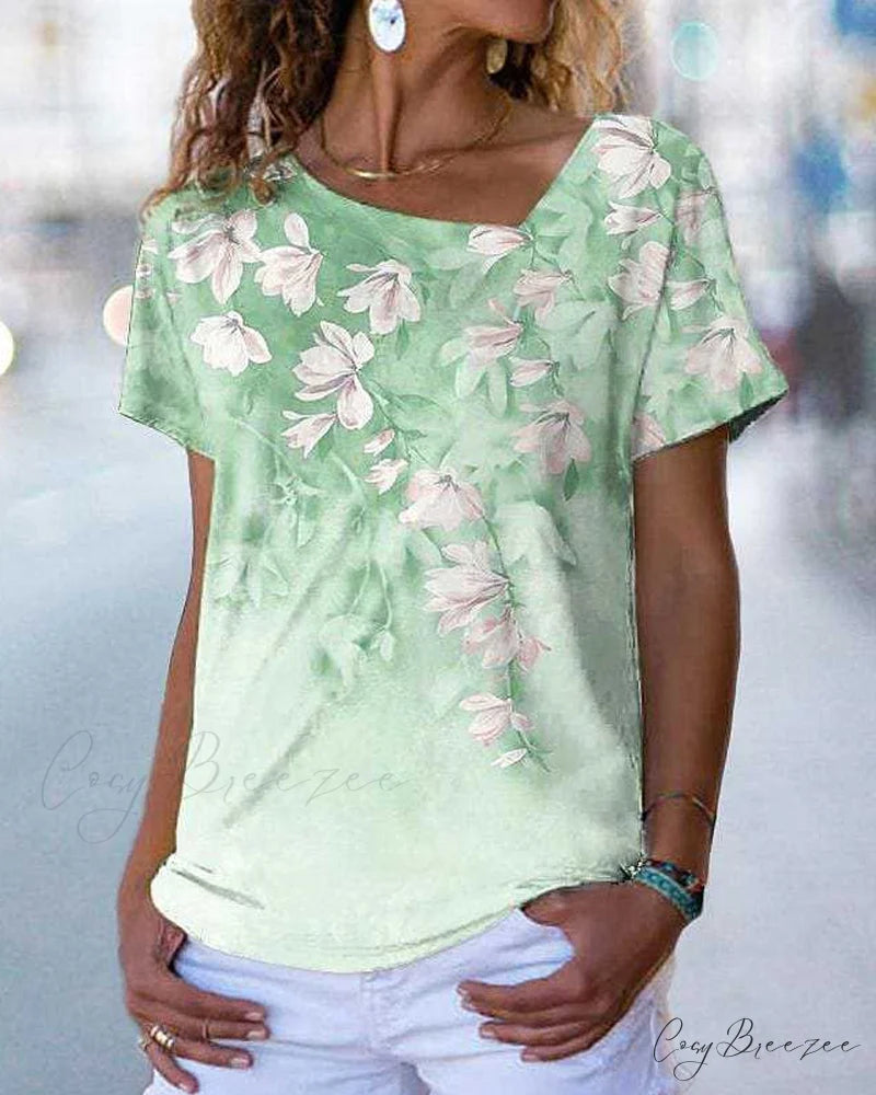 V-neck Design Flowered T-shirt