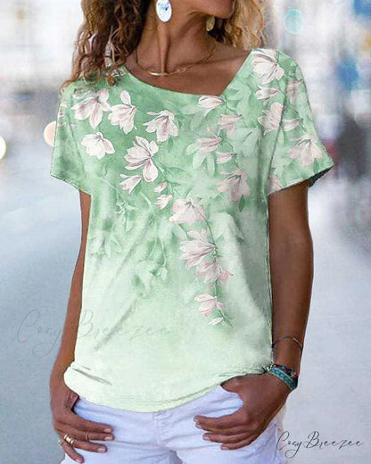 V-neck Design Flowered T-shirt