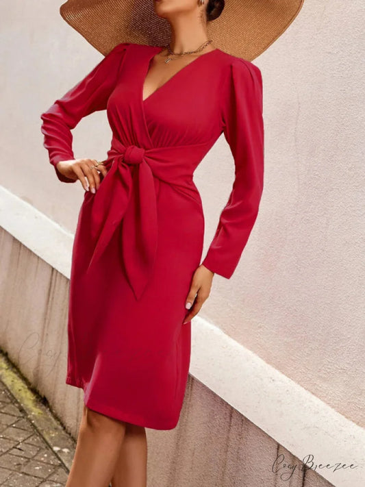 V-neck dress belt waist mid-length solid women’s zipper color clothing