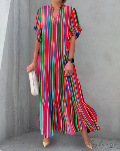 V-neck Dress in Stripe Print - Colorful