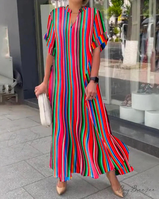 V-neck Dress in Stripe Print - Colorful Red / S