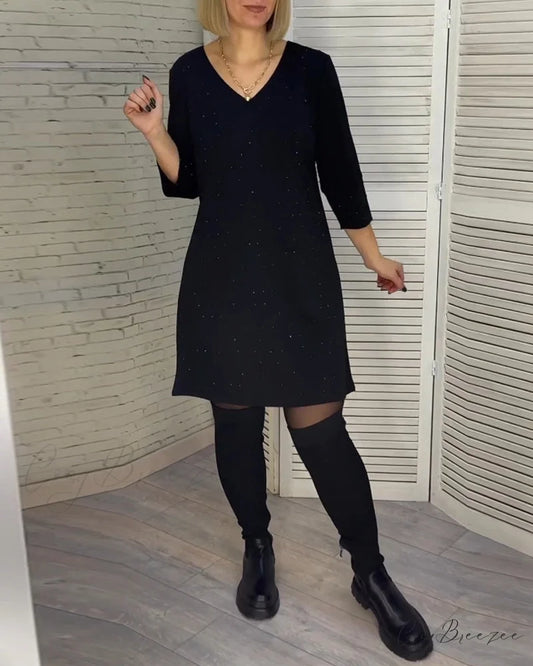 V-neck Dress with 3/4 Sleeves Black / S