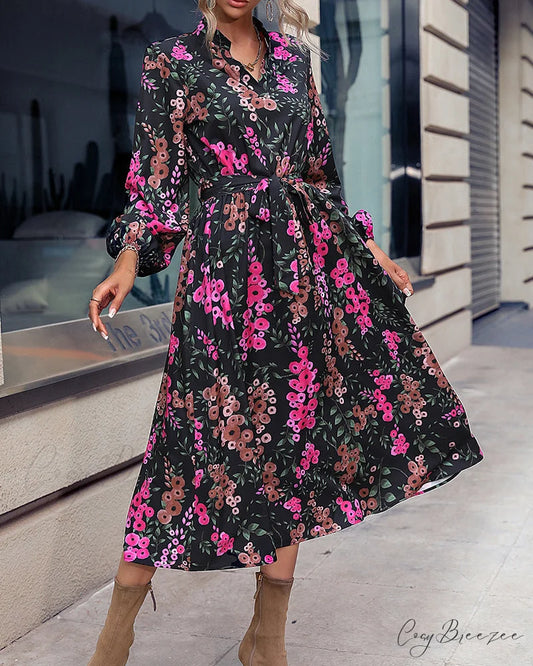 V Neck Dress with Floral Print Black / S