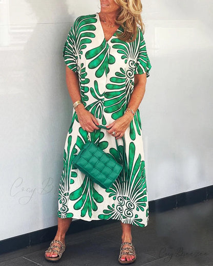 V-neck dress with leaf print Green / S