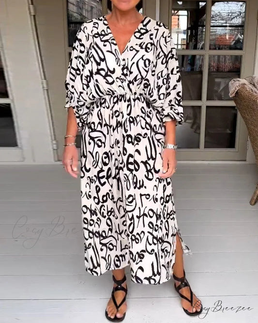 V-neck dress with letter print Black / S