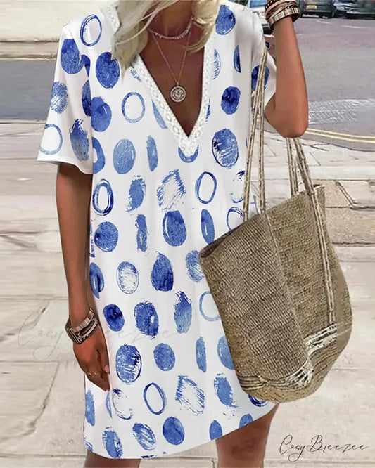 V-Neck Dress with Polka Dot Print Blue / S