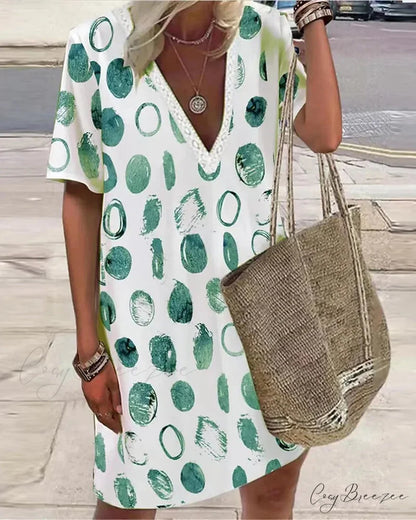 V-Neck Dress with Polka Dot Print Green / S