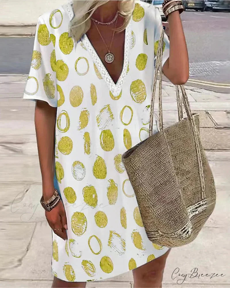 V-Neck Dress with Polka Dot Print Yellow / S