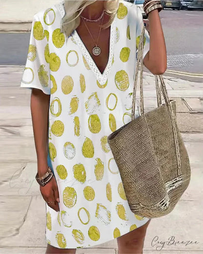 V-Neck Dress with Polka Dot Print Yellow / S