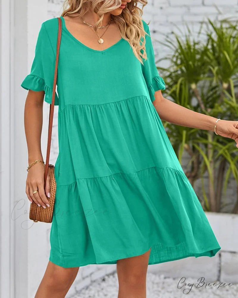 V-neck Dress with Ruffle Sleeves