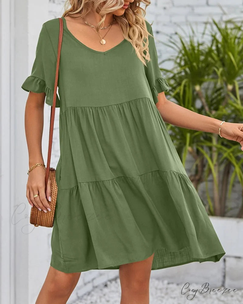 V-neck Dress with Ruffle Sleeves
