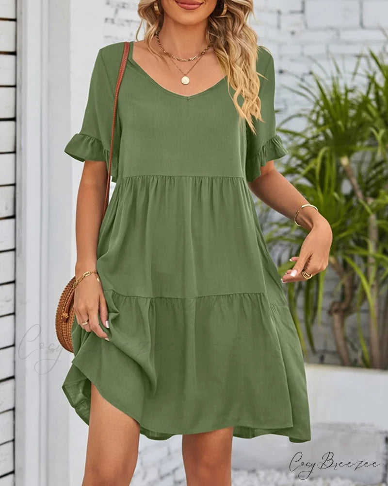 V-neck Dress with Ruffle Sleeves Army green / S
