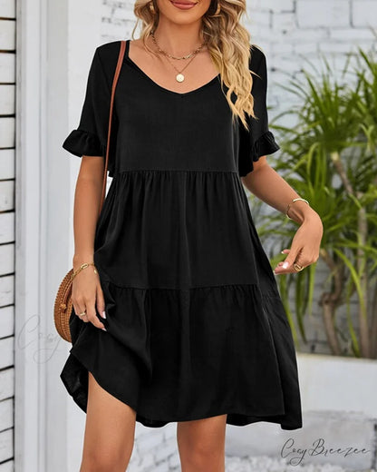 V-neck Dress with Ruffle Sleeves Black / S