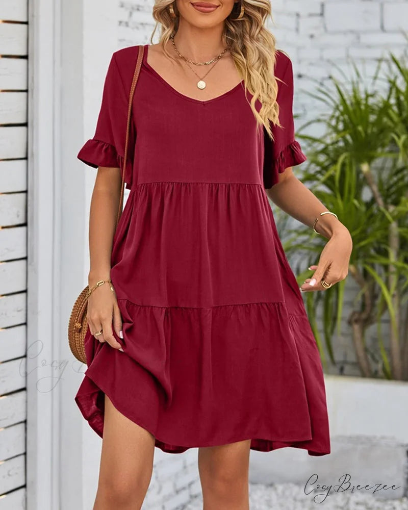 V-neck Dress with Ruffle Sleeves Burgundy / S