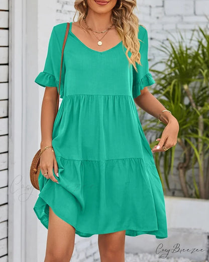 V-neck Dress with Ruffle Sleeves Green / S