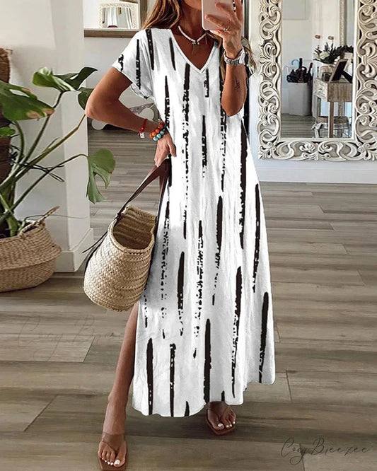 V-neck dress with stripes White / S