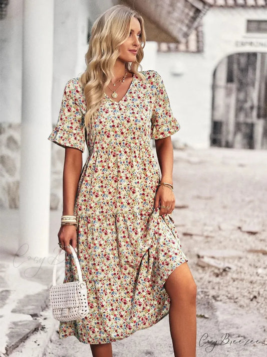 V-neck Elegant Floral Print A-line Holiday Dress oldfloraldress-250126