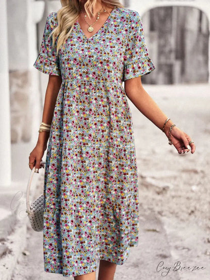 V-neck Elegant Floral Print A-line Holiday Dress ROYAL BLUE / S oldfloraldress-250126