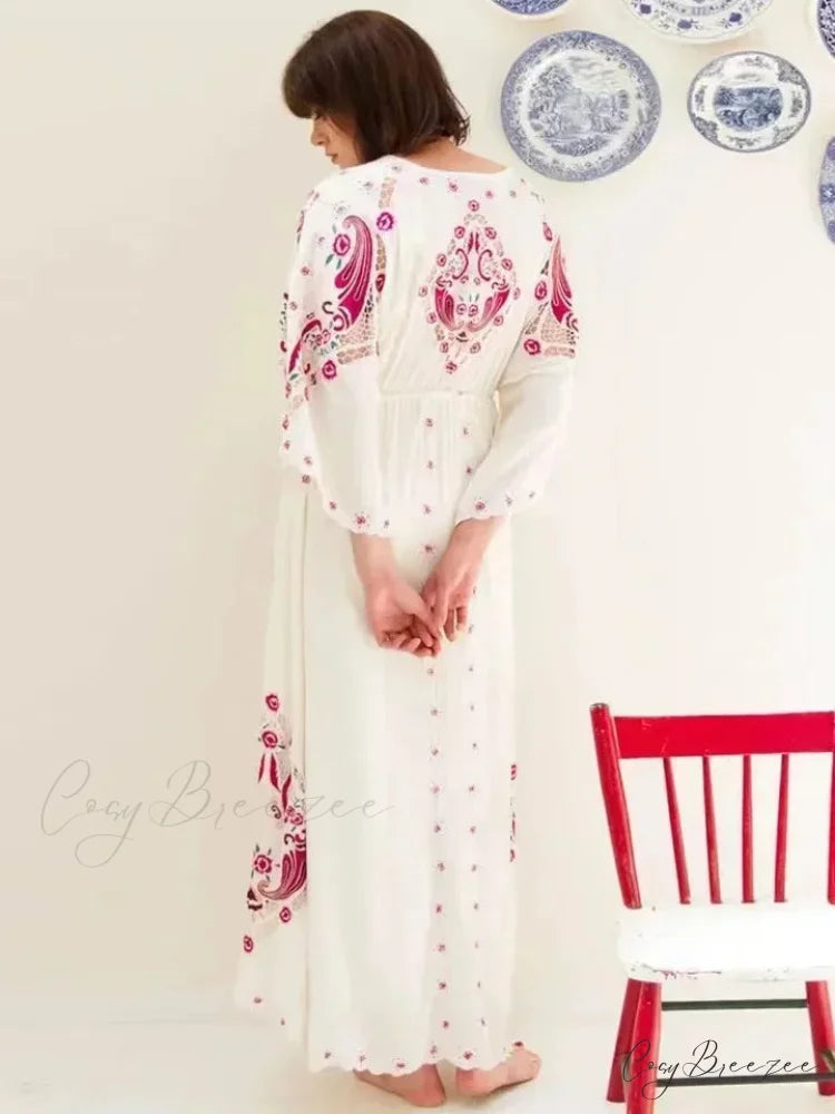 V-neck Embroidery Flower Retro National Boho Dress bohodress-250126