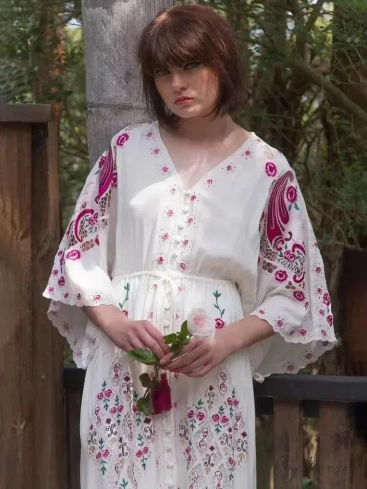 V-neck Embroidery Flower Retro National Boho Dress bohodress-250126
