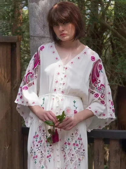 V-neck Embroidery Flower Retro National Boho Dress bohodress-250126