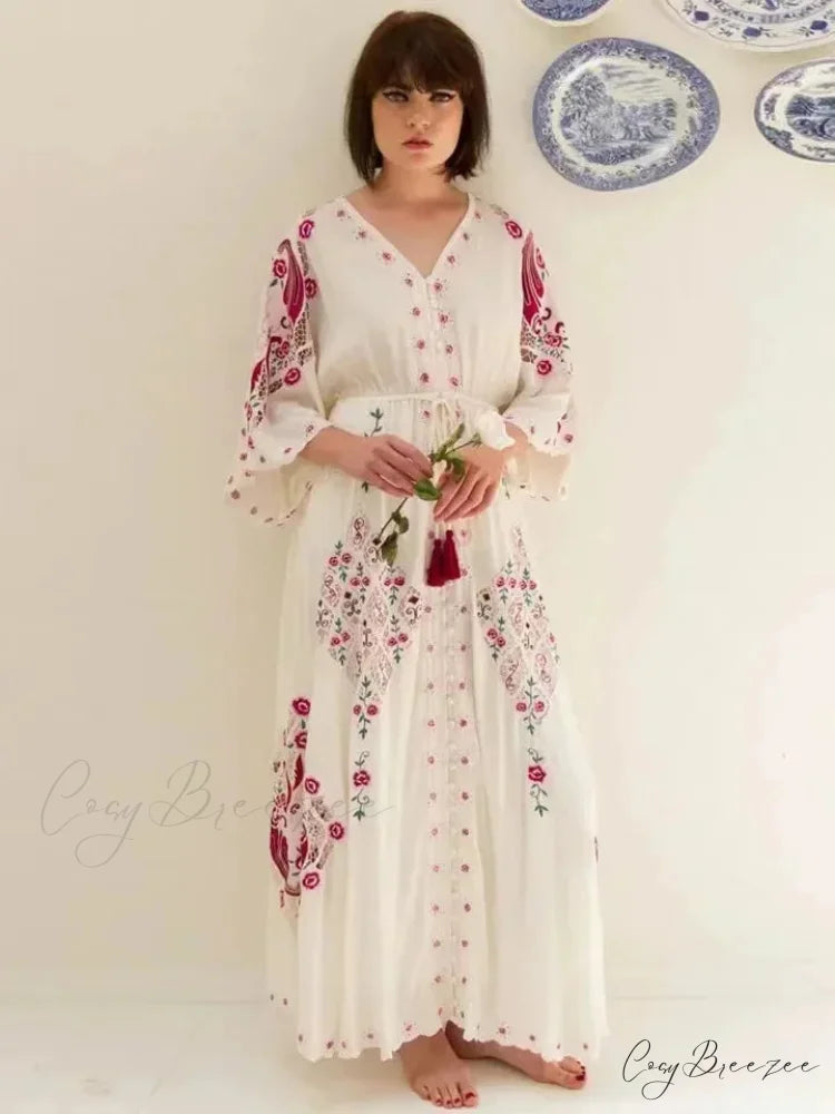 V-neck Embroidery Flower Retro National Boho Dress bohodress-250126