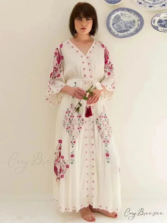 V-neck Embroidery Flower Retro National Boho Dress bohodress-250126