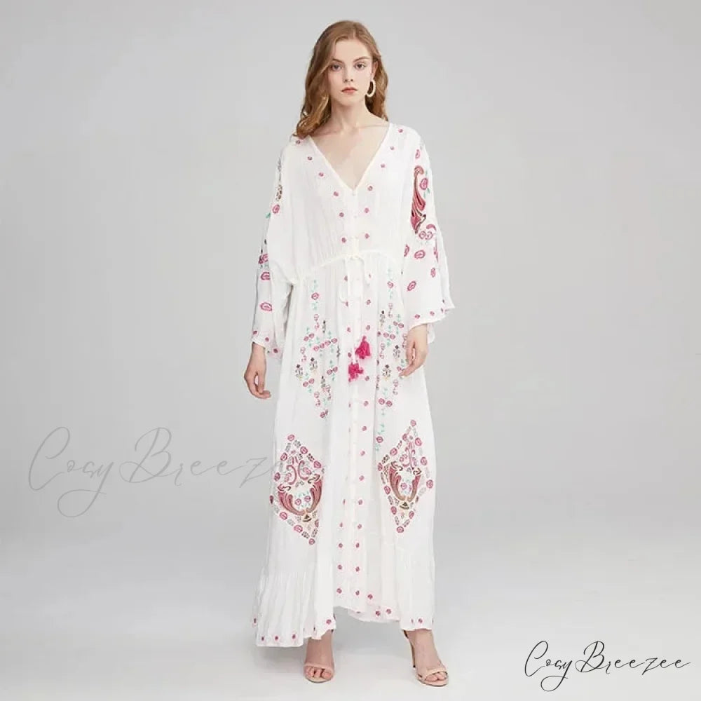 V-neck Embroidery Flower Retro National Boho Dress WHITE / S bohodress-250126