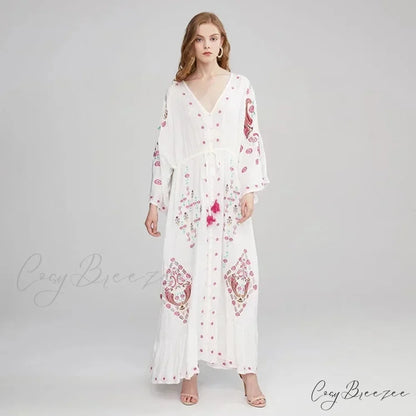 V-neck Embroidery Flower Retro National Boho Dress WHITE / S bohodress-250126
