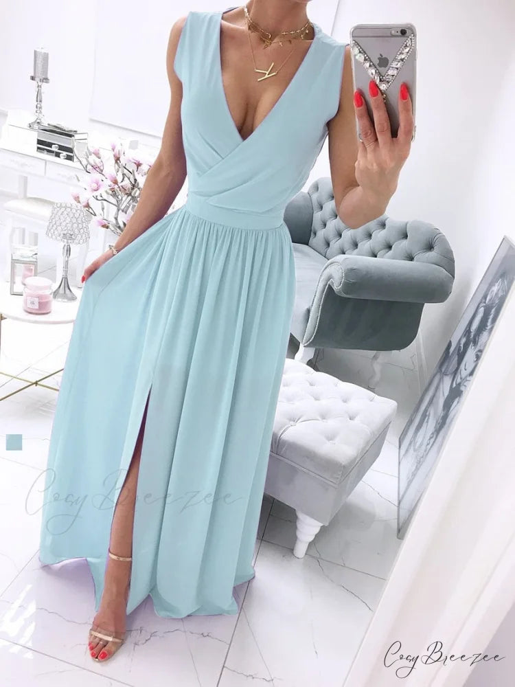 V-neck Evening Fashion Party for Elegant - Split Gown Warm-Season with Women’s Side Gown Clubwear BM134-blue / S