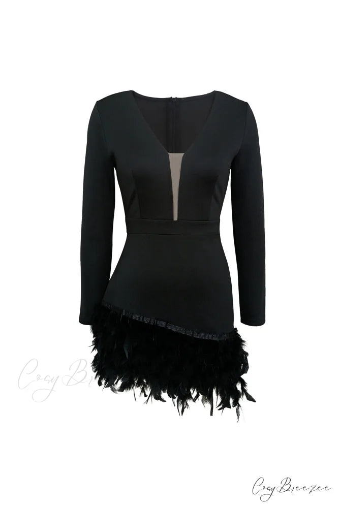 V Neck Feather Pack Mini Dress