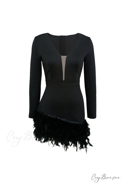 V Neck Feather Pack Mini Dress