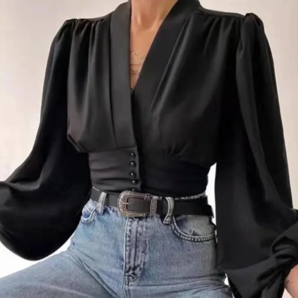 V-neck Fitted Waist Puffy Sleeve Silky Blouse Black / One Size blouse-250126