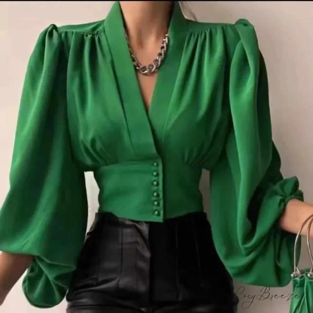 V-neck Fitted Waist Puffy Sleeve Silky Blouse Green / One Size blouse-250126