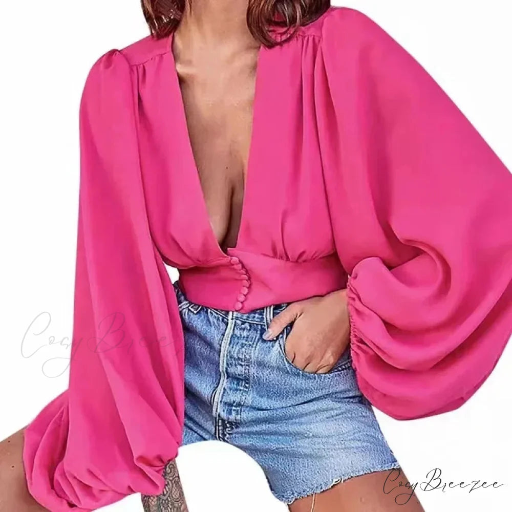 V-neck Fitted Waist Puffy Sleeve Silky Blouse Rose Red / One Size blouse-250126