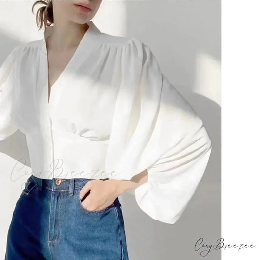 V-neck Fitted Waist Puffy Sleeve Silky Blouse WHITE / One Size blouse-250126