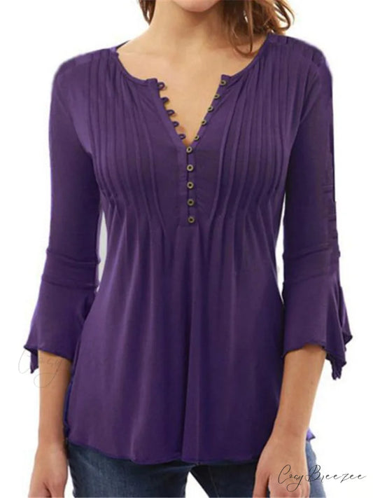 V-neck Flared Plain Folded in Blouse Arm Women’s Color Purple / S