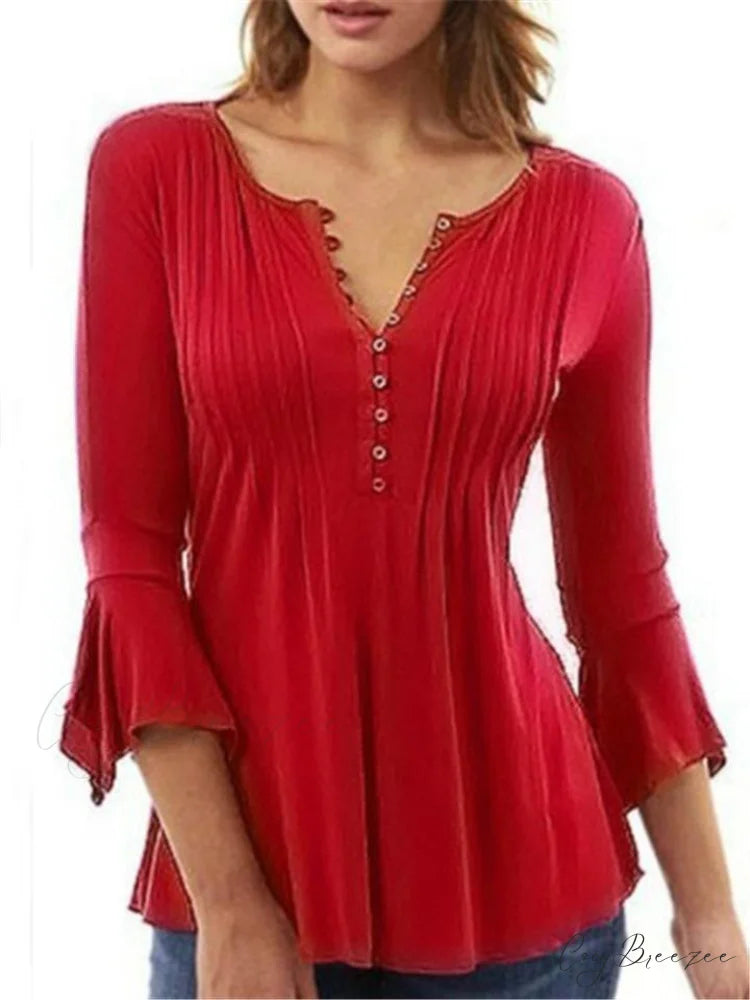 V-neck Flared Plain Folded in Blouse Arm Women’s Color Red / S