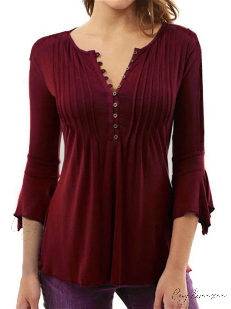 V-neck Flared Plain Folded in Blouse Arm Women’s Color Wine Red / S