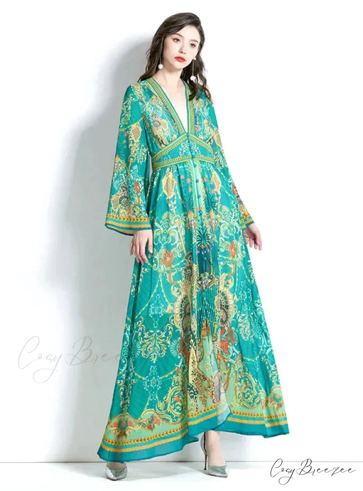 V-Neck Flared Sleeve Printed Dress with Long Sleeves