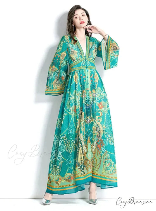 V-Neck Flared Sleeve Printed Dress with Long Sleeves
