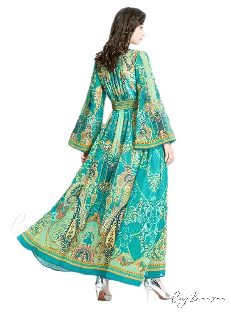 V-Neck Flared Sleeve Printed Dress with Long Sleeves
