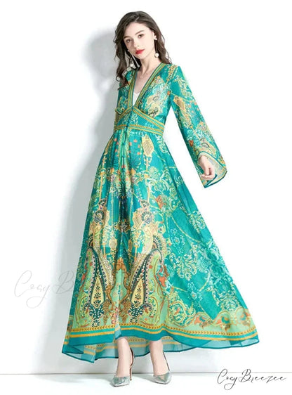 V-Neck Flared Sleeve Printed Dress with Long Sleeves