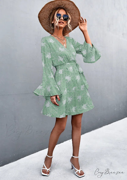 V-Neck Flared Sleeve Printed Strap Dress