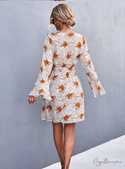 V-Neck Flared Sleeve Printed Strap Dress L / apricot
