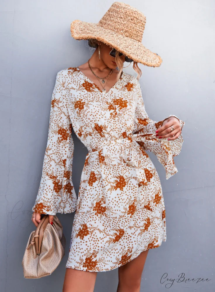V-Neck Flared Sleeve Printed Strap Dress L / green