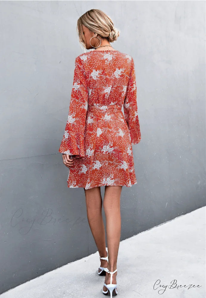 V-Neck Flared Sleeve Printed Strap Dress M / apricot