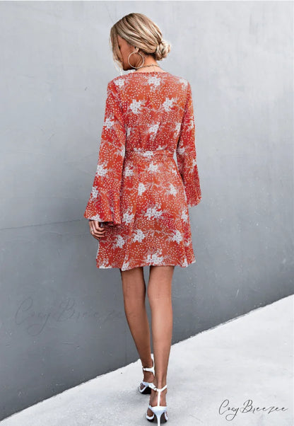 V-Neck Flared Sleeve Printed Strap Dress M / apricot