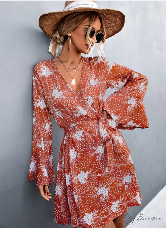 V-Neck Flared Sleeve Printed Strap Dress S / apricot